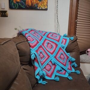 Handmade Bright Blue And Pink Blanket